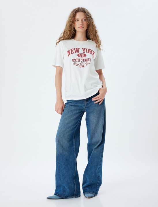 KOTON, Tricou supradimensionat cu imprimeu text, Alb fildes, S