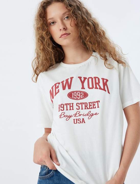 KOTON, Tricou supradimensionat cu imprimeu text, Alb fildes, S
