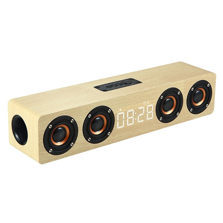 Boxa portabila A+ W8C Wooden Clock Subwoofer, Bluetooth, Suport card TF & U Disk & AUX de 3.5mm, Lemn galben
