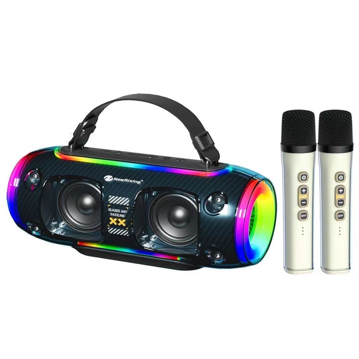 Boxa portabila Rixing NR8806, Subwoofer, Bluetooth, Lumini RGB, Difuzor dublu, Microfon, albstru