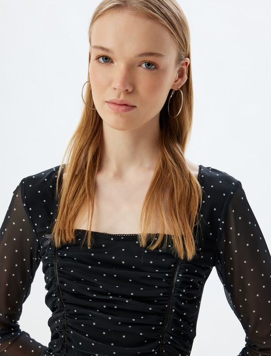 KOTON, Bluza crop cu maneci semitransparente, Negru, 3XL