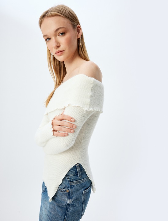 KOTON, Pulover cu decolteu pe umeri si slit lateral, Alb fildes, 3XL