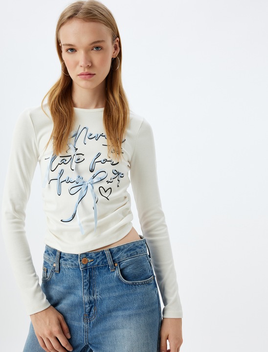 KOTON, Bluza cu imprimeu si aplicatii cu funde, Alb fildes, XL