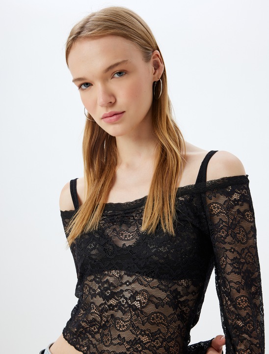 KOTON, Bluza crop semitransparenta cu decolteu pe umeri, Negru, 3XL