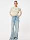 KOTON, Pulover cu model torsade si broderie florala, Alb fildes, S