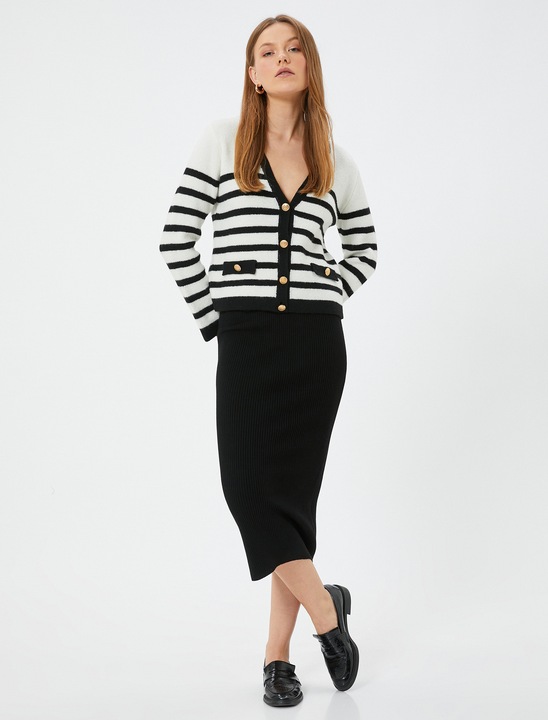 KOTON, Fusta midi cu talie inalta si aspect striat, Negru, L