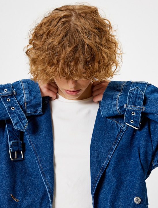 KOTON, Jacheta crop din denim, Albastru indigo, L