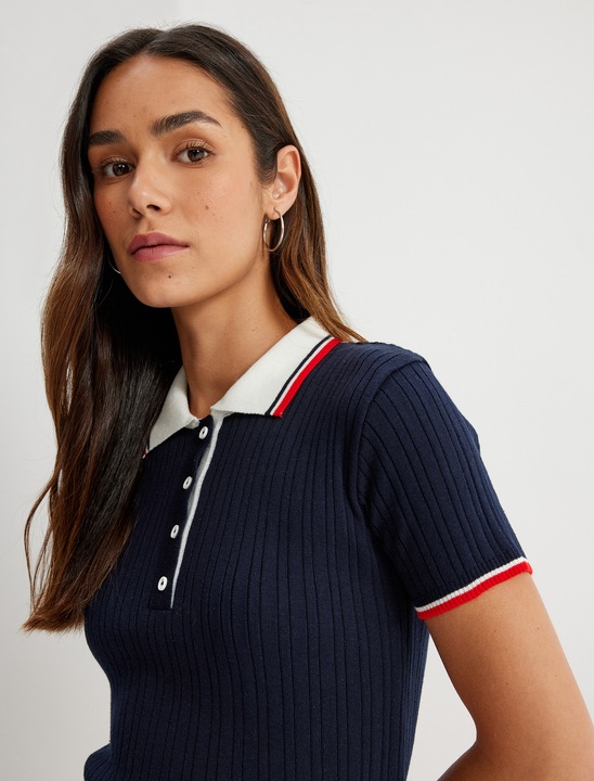 KOTON, Pulover striat cu maneci scurte, Albastru marin, L