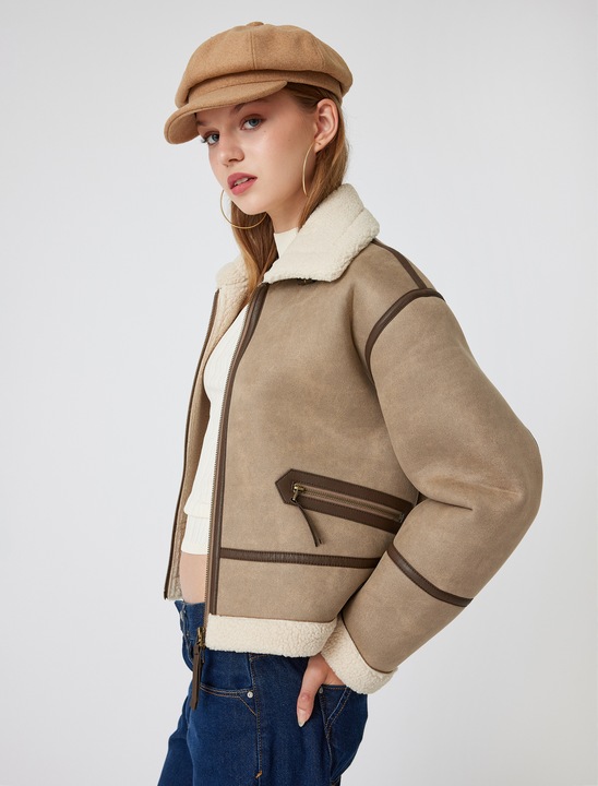 KOTON, Jacheta cu captuseala din blana shearling sintetica, Maro, 2XS