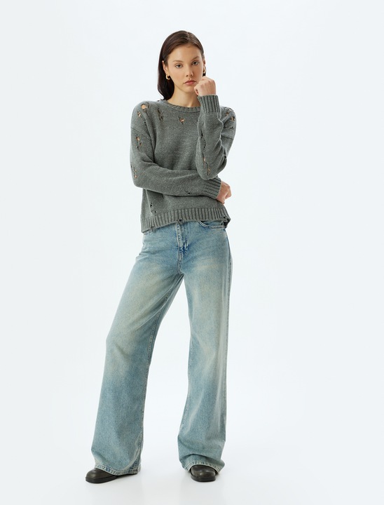 KOTON, Pulover supradimensionat cu aspect deteriorat, Gri antracit, L