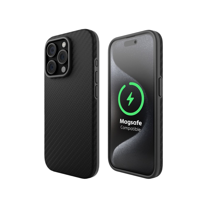 Husa pentru iPhone 15 Pro, Clip-On MagSafe Compatible, Aramid Fiber, Hybrid Kevlar, Enhanced Protection, Negru