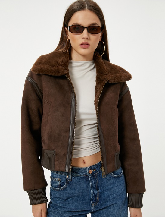 KOTON, Jacheta din piele intoarsa sintetica cu garnituri din blana sintetica, Maro, 2XS