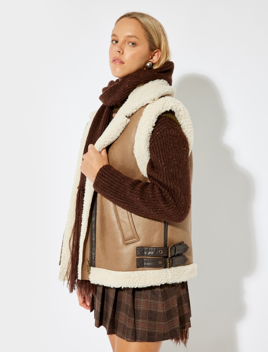 KOTON, Vesta din piele ecologica cu garnituri din blana shearling sintetica, Maro, 32