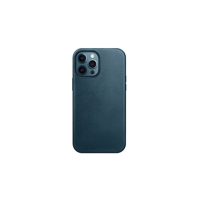 Husa piele pentru iphone 15, RiKbo® Leather Case compatibil magsafe, interior microfibra, Albastra