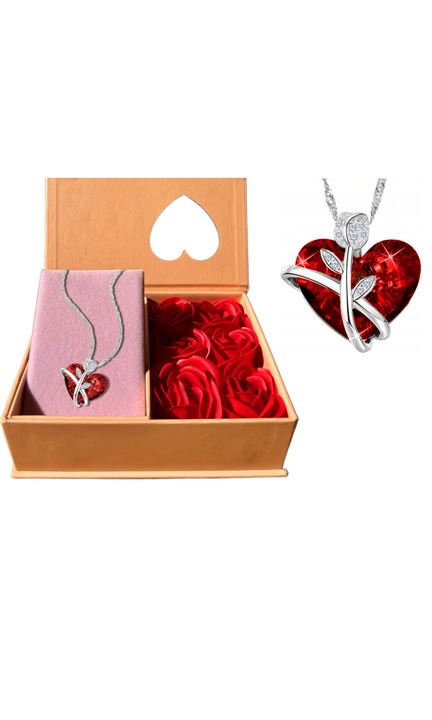 Colier de argint, lant de dama, inima + cutie din argint trandafir