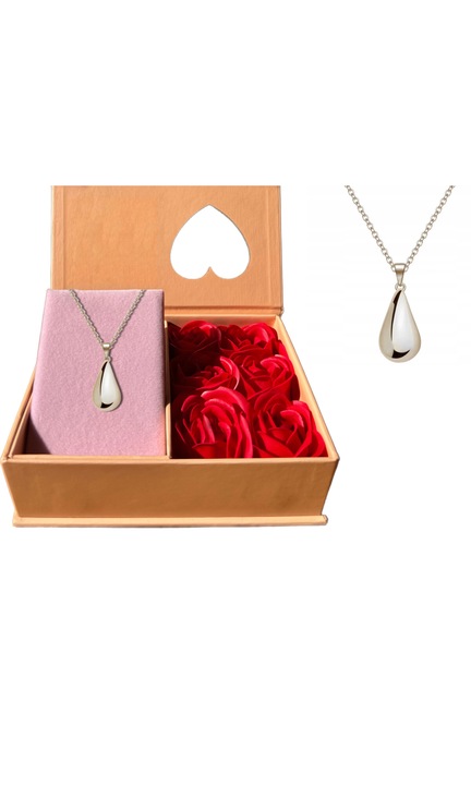 Colier de argint, picatura mare de lacrima + cutie de argint trandafir