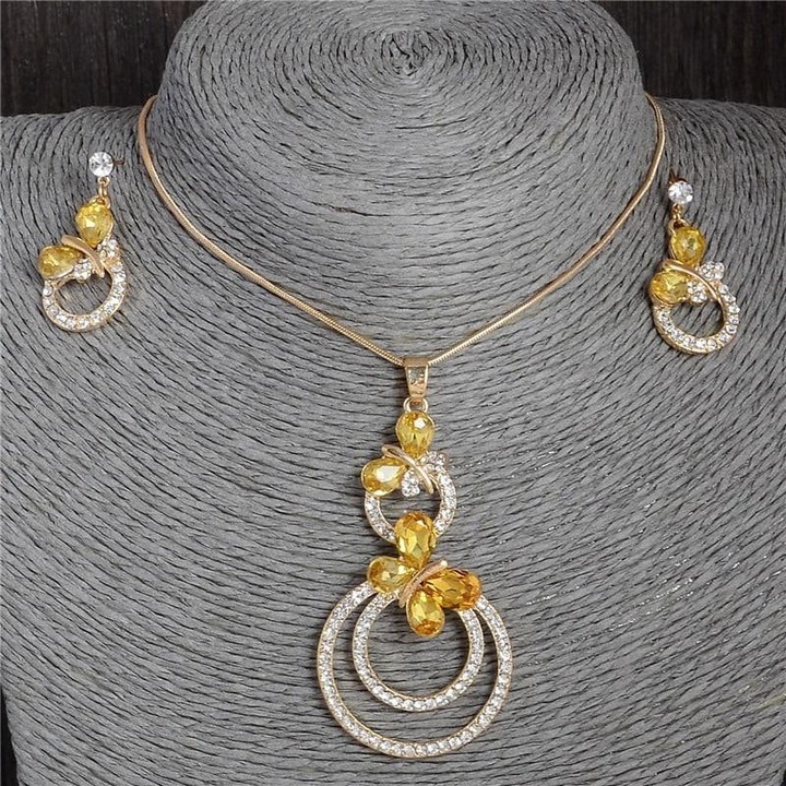 Set colier si cercei, auriu, cu pietre galbene, Judy C12, Pursehuit