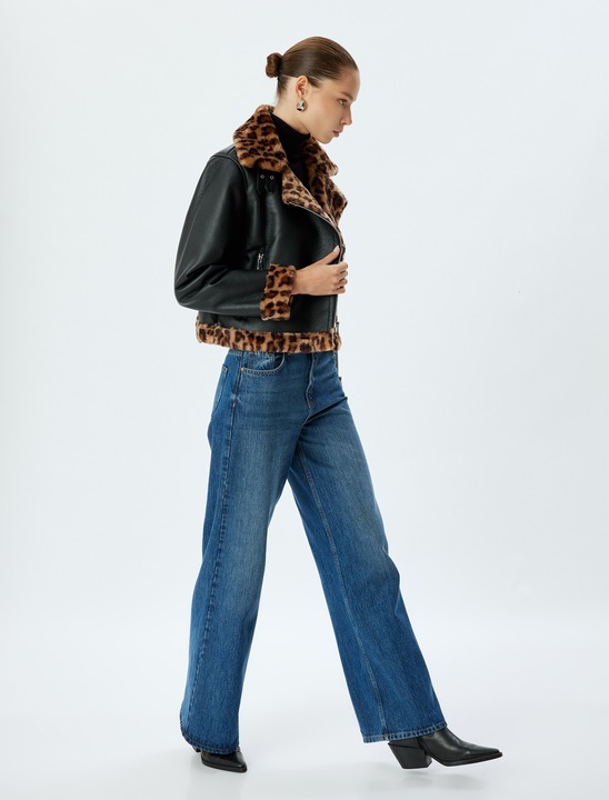 KOTON, Jacheta crop din piele ecologica cu terminatii cu animal print, Negru, 2XS