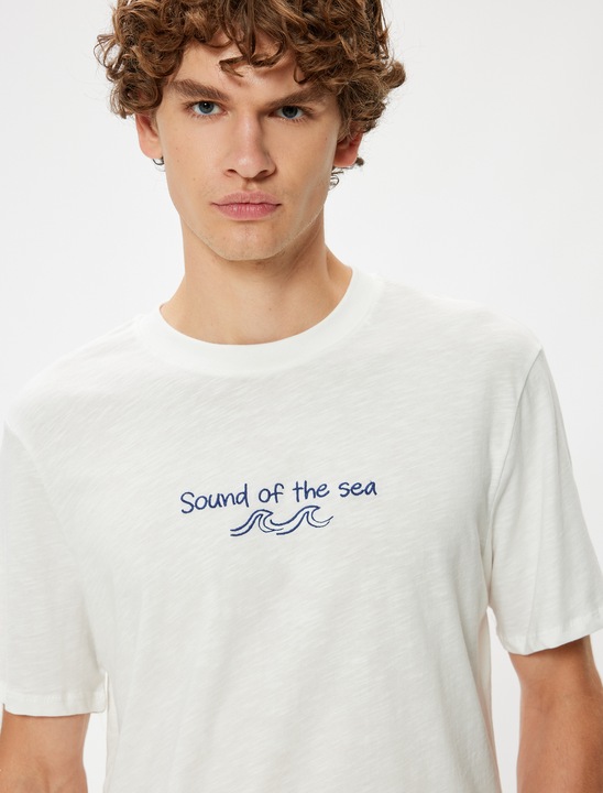 KOTON, Tricou de bumbac cu text brodat, Alb, 3XL