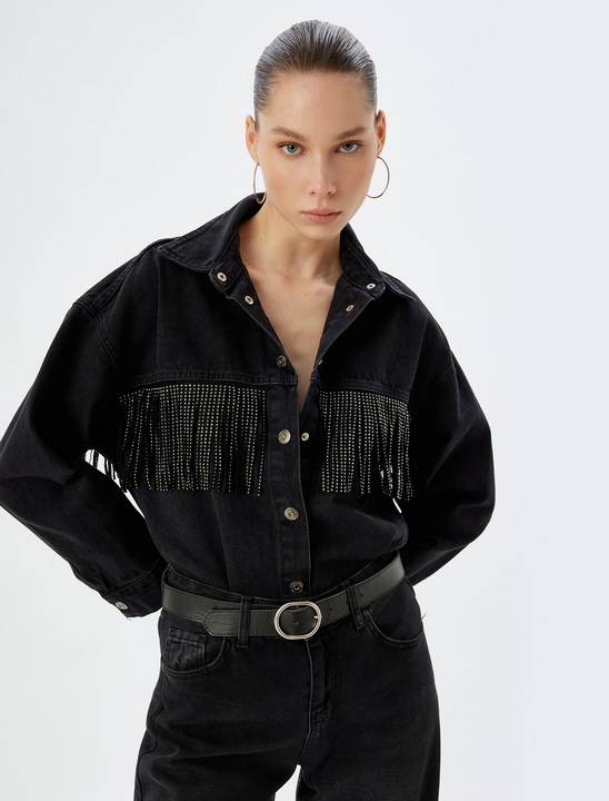 KOTON, Jacheta din denim cu franjuri, Negru, 2XS