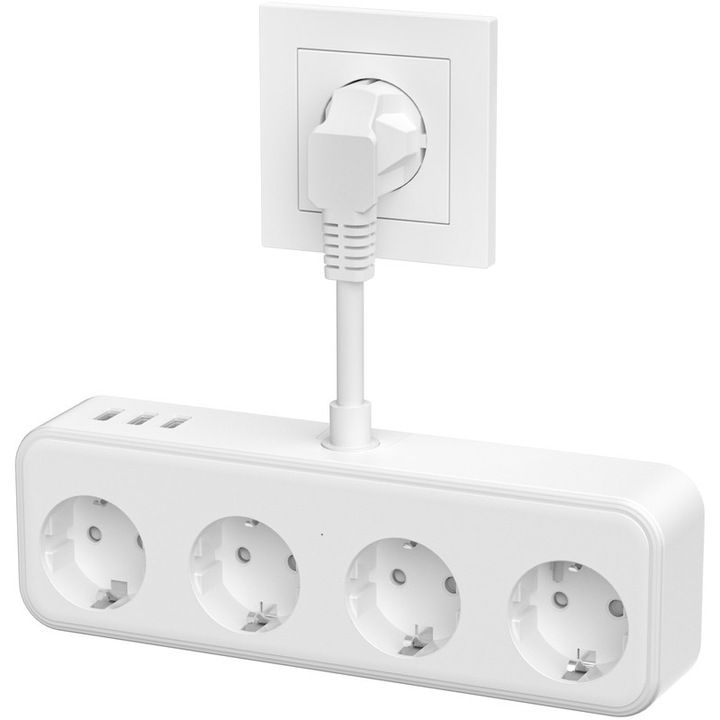 Удължителен кабел, 7 в 1, HITRENDS, 4 AC контакта, 3 USB порта, стенен монтаж, защита от претоварване, бял