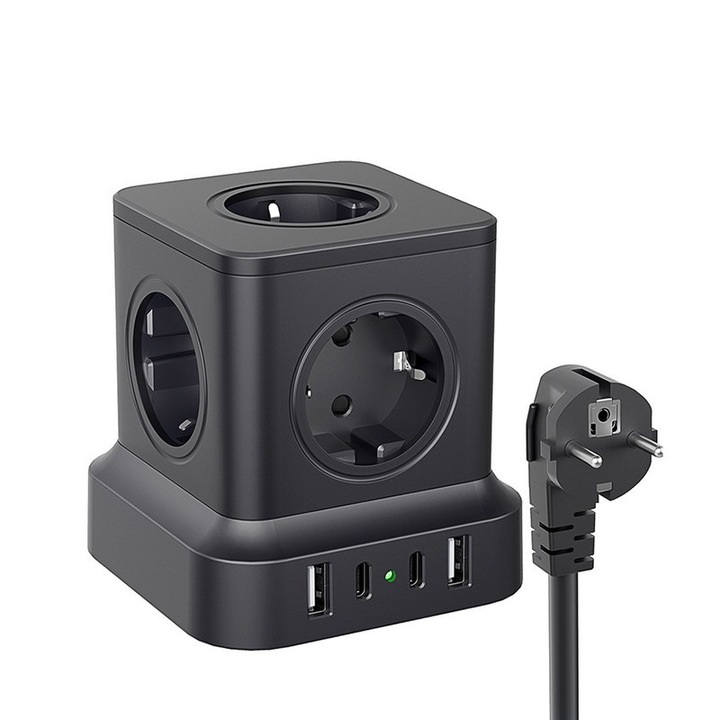 Многофункционален контакт 9 в 1, HITRENDS, 2 USB A, 2 USB C, 4000W, 1,8 м, черен