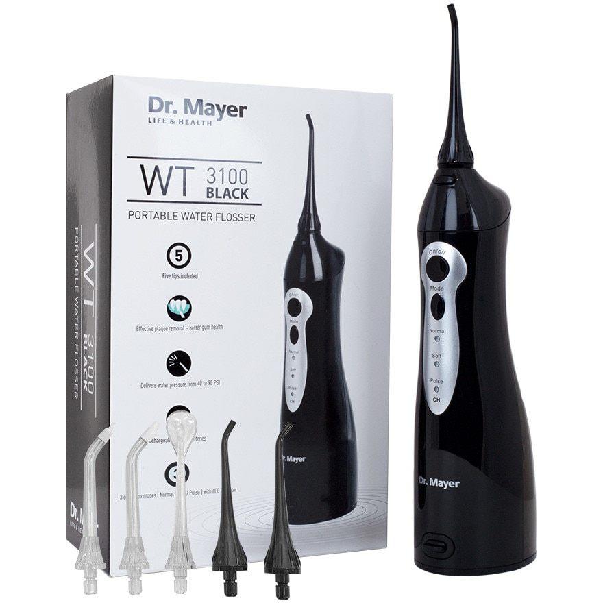 Dus bucal portabil Dr.Mayer WT3100B negru, Tehnologie Multi Pulse, presiune de la 40 la 90 PSI, 1400 pulsatii/ min, 3 moduri de curatare (normal, sensibil și pulsat), rezervor 150