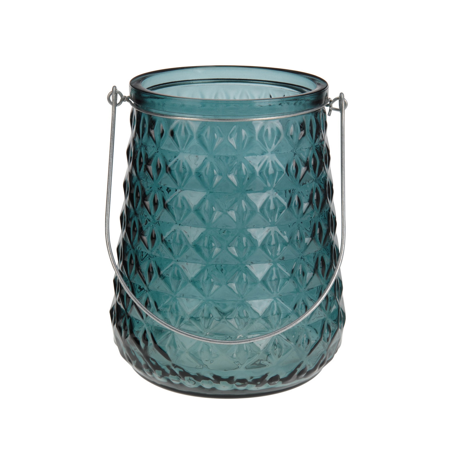 Felinar din sticla color, agatatoare metalica, nuanta turcoaz