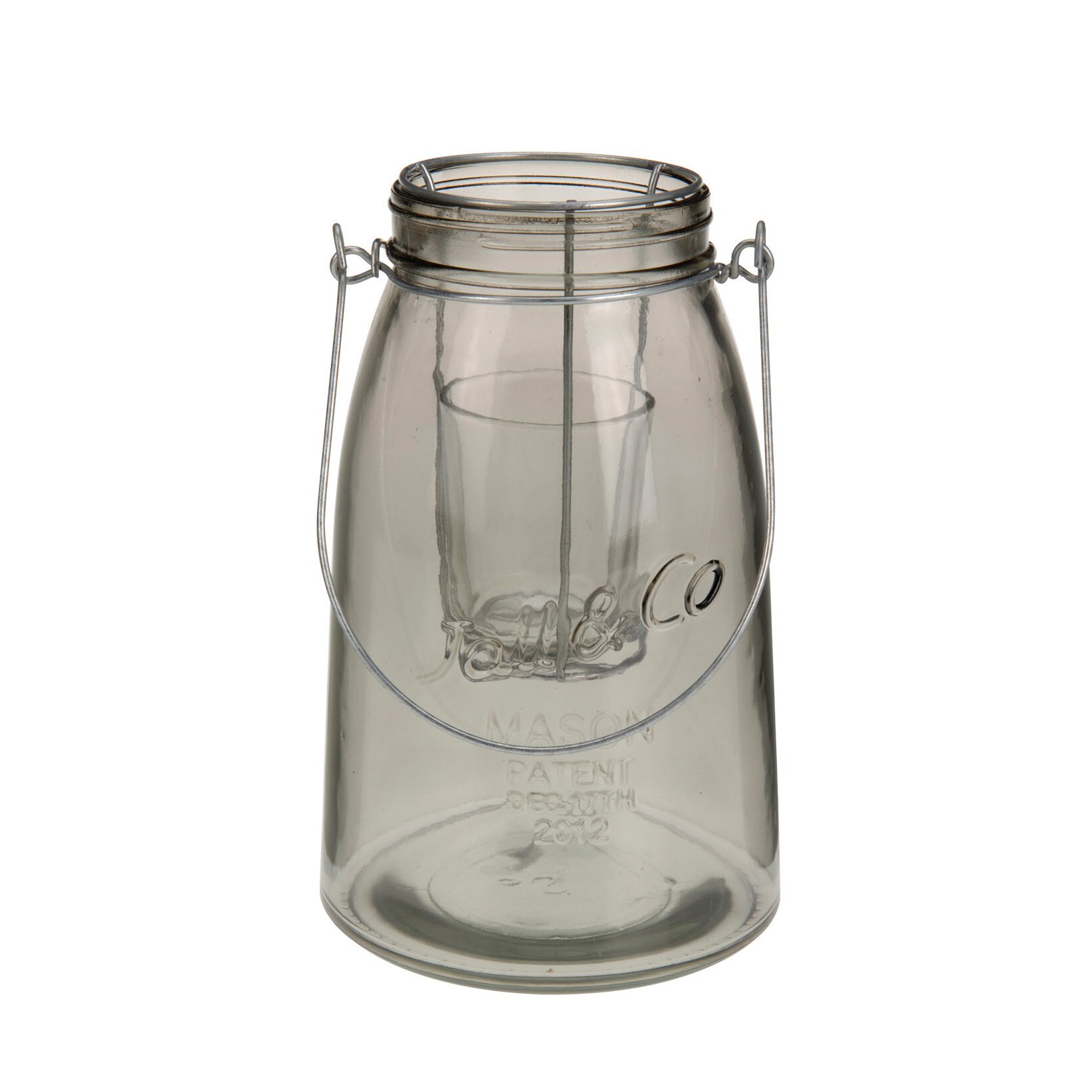 Felinar din sticla cu suport metalic pentru lumanare, nuanta gri