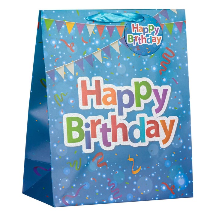 Punga cadou hartie albastra happy birthday glitter 26x13x32cm