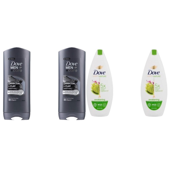 Set Dove Variety 4 x Componente, 2 x gel dus 400ml men elements charcoal clay, 2 x gel dus 225ml awakening, testat dermatologic, prospetime de lunga durata, delicat pentru scalp, non-toxic, eco-friendly, aspect stralucitor, previne iritatia pielii