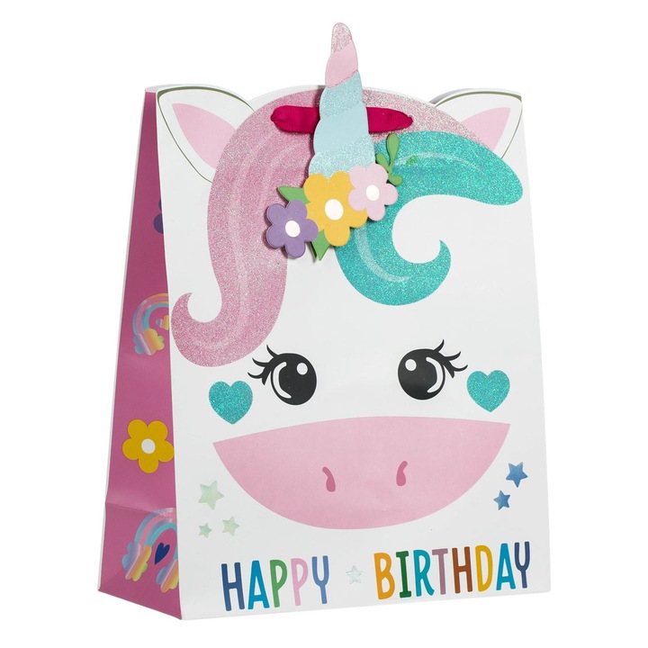 Sacosa din hartie alba unicorn 3d corn glitter cadou pentru copii 26x14x33cm