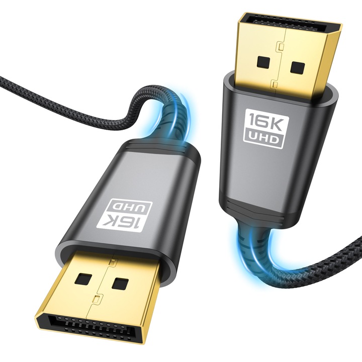 Кабел DisplayPort 2.1, 16K 60Hz, 8K 120Hz, 4K 240Hz, 4K 165Hz, 4K 240 Hz баща-баща, HDR, HDCP 2.2, 3D Dynamic, DSC 1.2a, 80Gbps, 2 метра, RikBo®