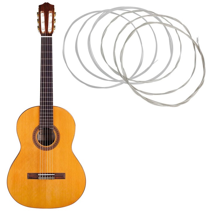 6db húros készlet klasszikus gitárhoz, Zola, 0,28/0,29/0,32/0,35/0,40/0,43 méretek, 3 ezüstbevonattal, 3 átlátszó bevonat nélkül, hossza 105 cm