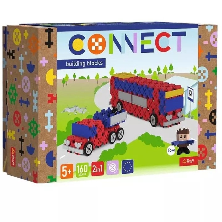 Trefl Connect 2 az 1-ben építőkészlet, Busz / Pick-up autó, 160 db, Tom figura, sokszínű