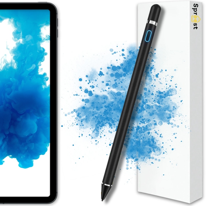 Stylus Pen, Spreest®, P2, Universal, capacitiv, pentru telefon si tableta iPad, Android, Windows, varf POM anti-zgarieturi, fara lag, autonomie 10h, incarcare MicroUSB, magnetic, Negru