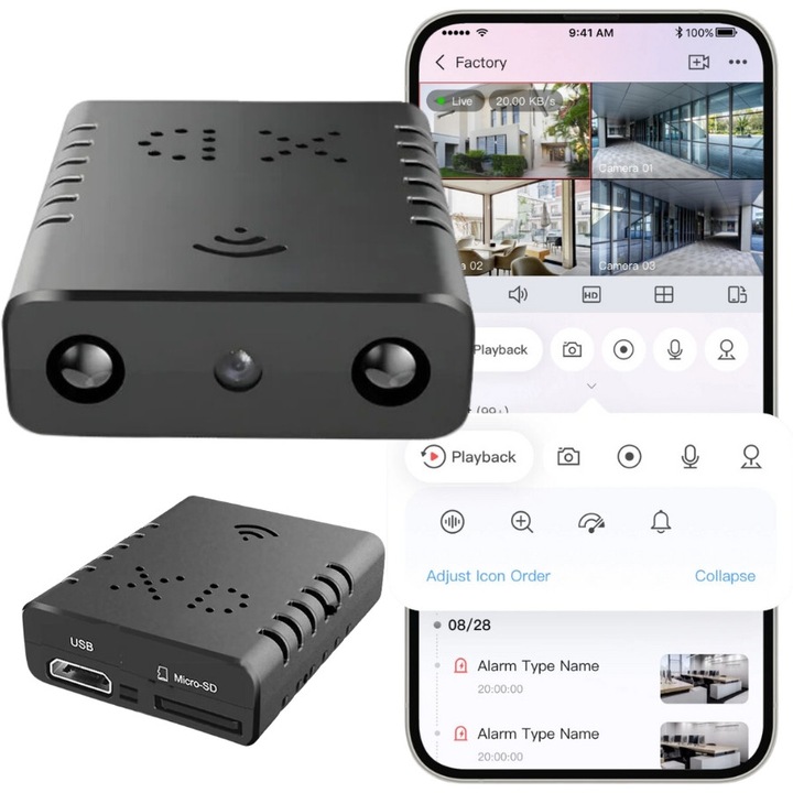 Mini camera spion WiFi, Spreest®, XD, Full HD 1080P, aplicatie Android/iOS, detectie miscare, microfon incorporat, viziune nocturna IR, suport card microSD pana la 128 GB, monitorizare discreta, negru