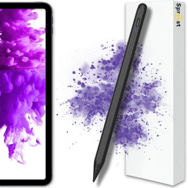 Stylus Pen, Spreest®, P6, pentru iPad Apple 2018–2025, profesional, compatibil Apple Pencil, Palm Rejection, Tilt, fara lag, magnetic, incarcare USB-C, autonomie 10h, Negru