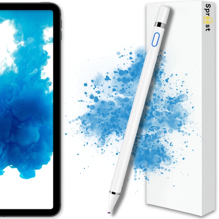 Stylus Pen, Spreest®, P2, universal, profesional, pentru tableta si smartphone, iOS / Android / Windows, varf POM anti-zgarieturi, fara lag, capac magnetic, autonomie 10h, incarcare MicroUSB, Alb