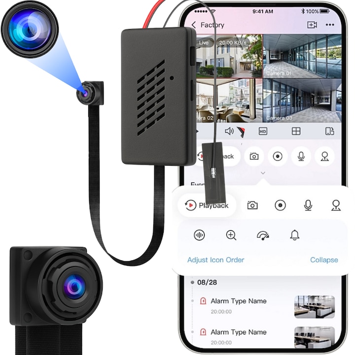 Mini camera spion modulara WiFi, Spreest®, MZ003, Full HD 1080P, aplicatie iOS/Android, detectie miscare cu notificari, vedere nocturna IR, inregistrare cu sunet, microSD pana la 128GB, baterie 3000 mAh pana la 9 ore, unghi 90°, negru