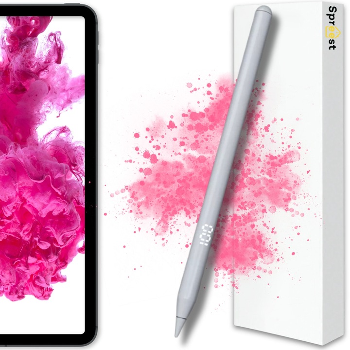 Stylus Pen, Spreest®, P8 Pro, pencil profesional pentru tableta iPad Apple 2018–2025, compatibil Apple Pencil, Palm Rejection, Tilt Detection, Bluetooth, afisaj LED baterie, magnetic, fara lag, fast charge USB-C, Alb