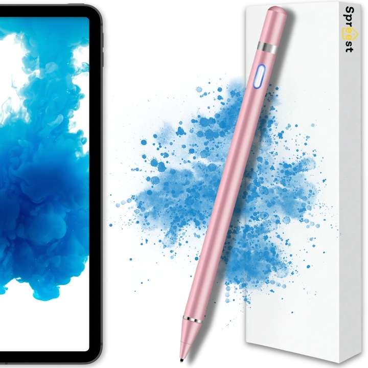 Stylus Pen, Spreest®, P2, universal pentru telefon si tableta, iOS / Android / Windows, profesional, capacitiv, varf POM anti-zgarieturi, fara lag, autonomie 10h, incarcare MicroUSB, magnetic, Roz