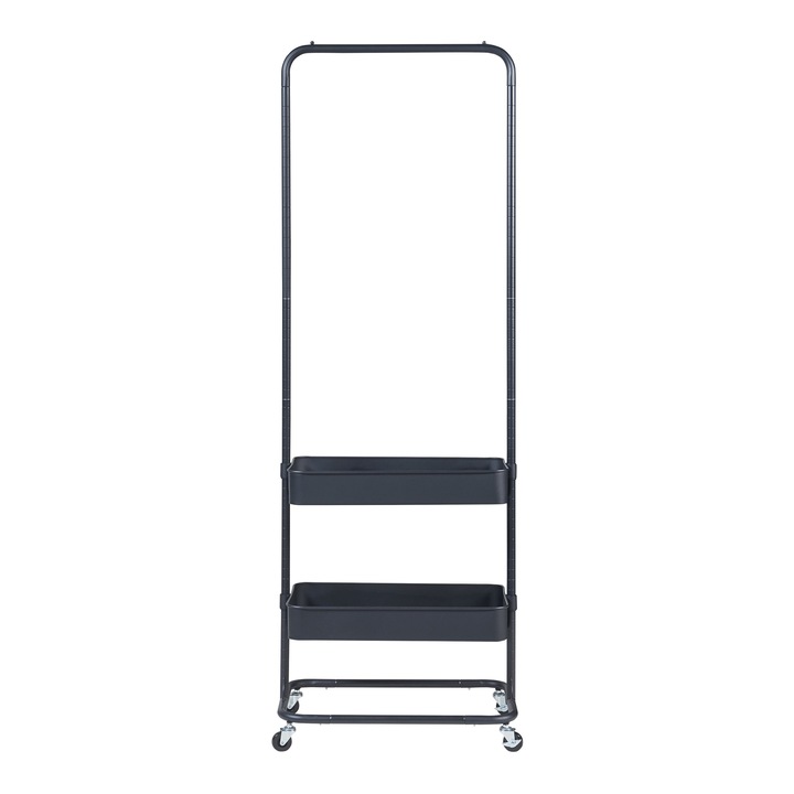 Suport haine, en.casa, PXMH-0001 Kumad, 174,5 x 58 x 36 cm, metal, negru, cu 1 sina si 2 cosuri, mobil pe 4 roti