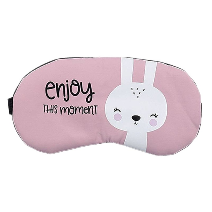 Masca de dormit, model cu animalute cute, rezerva cu gel, prindere elastica, tematica enjoy the moment, unisex, roz, EFAYN