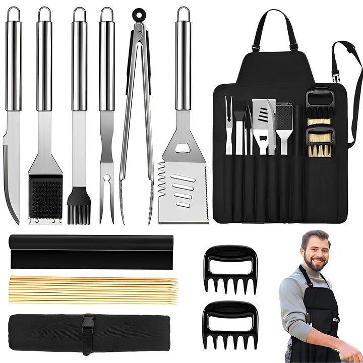 11 darabos BBQ eszközkészlet, BYONDSELF®, Oxford kötény, rozsdamentes acél, tartalma: spatula, fogó, bambusz nyárs, grillsütő alátét, húsfogó karmok, villa, kés, szilikonkefe, grilltisztító kefe, kötény, ezüst