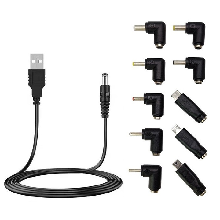 Set 10 adaptoare universale, SINBINTA, Cu cablu de alimentare USB, 5V, 1A, Sigura si durabila, Usor de utilizat si de depozitat, Pentru telefon mobil, tableta, Power Bank, PVC, 1 m, Negru