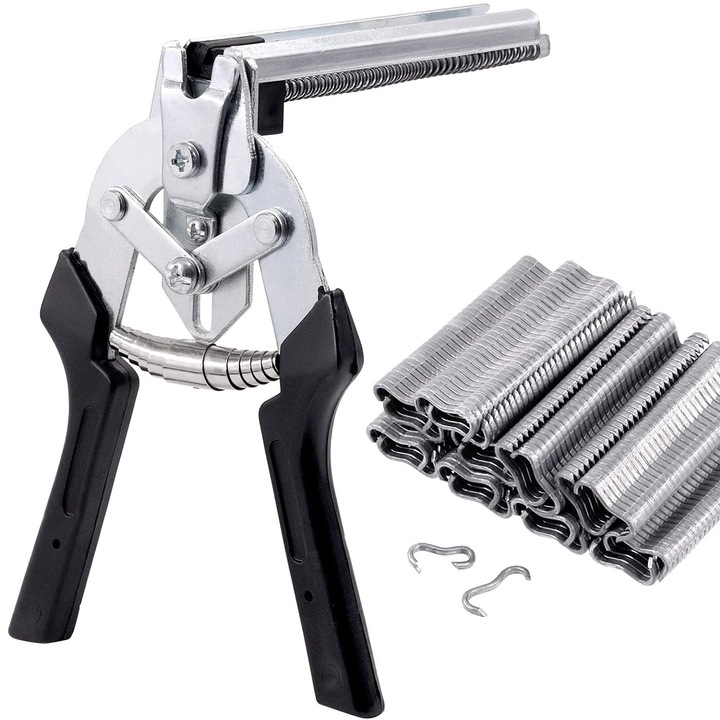 Drótháló/kerítés kapcsozó fogó, SINBINTA, 1200 kapoccsal, Ergonomikus, kényelmes markolat, Korrózióálló, Tartós és robusztus, Könnyen használható, Kerítéshez, betonvashoz, hálóhoz, rugalmas vagy villanyketrecekhez, Fém, 125x172 mm, Fekete