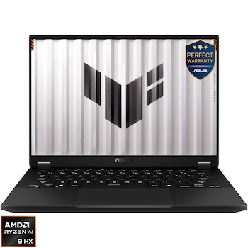 Laptop Gaming ASUS TUF A14 FA401WV cu procesor AMD Ryzen AI 9 HX 370 pana la 5.1GHz, 14'', 2.5K, WQXGA, IPS, 165Hz, 32GB RAM LPDDR5X, 2TB SSD, NVIDIA GeForce RTX 4060 8GB GDDR6, No OS, Jaeger Gray