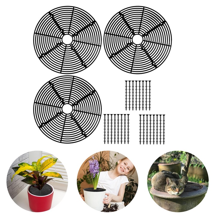 Set 3 protectii sol ghivece, SINBINTA, 3 Buc, Cu surubur, Design cu plasa respirabila si convenabila, Usor de instalat si indepartat, Durabil si robust, ABS, 30cm, Negru