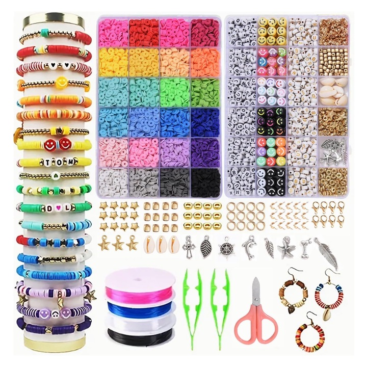 Set creativ diy facut bratari, SINBINTA, Cutie de depozitare inclusa, Culoare vibranta, Ecologic si durabil, Confort la purtare, Reutilizabile, Pentru articole de decor acasa, personalizate in accesorii de moda, Ceramica moale, 19X13X2.2cm, Multicolor